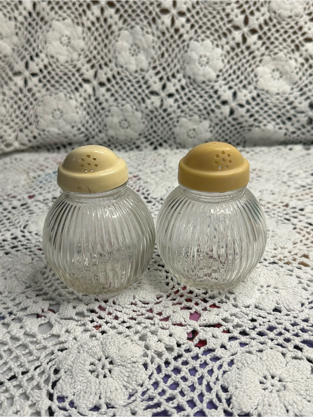 1960s Anchor Hocking Glass Ribbed Salt and Pepper Shakers with Yellow Lids